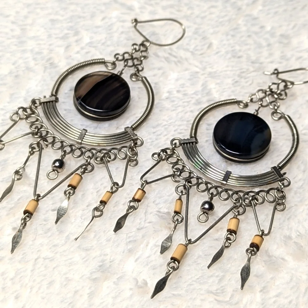 Vintage Artisan Made Sterling Silver Dream Catcher Pierced Earrings - Picture 4 of 8